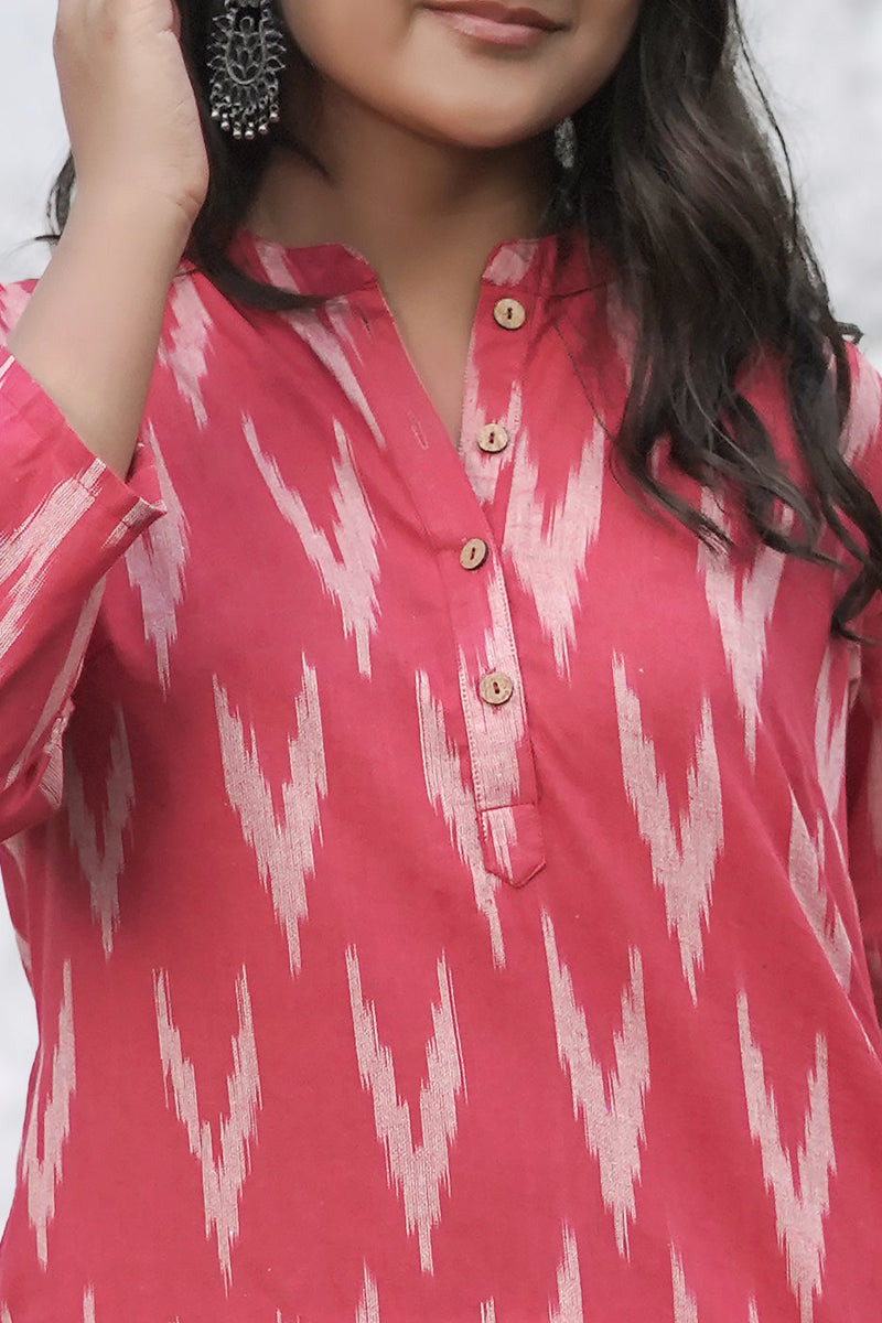 Trendy red ikkat kurti with modern sleeve style