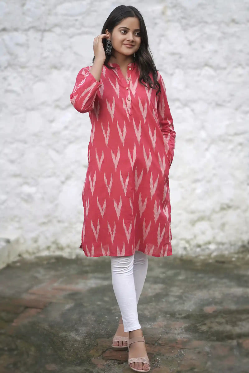 Ethnic ikkat kurti for women in red color