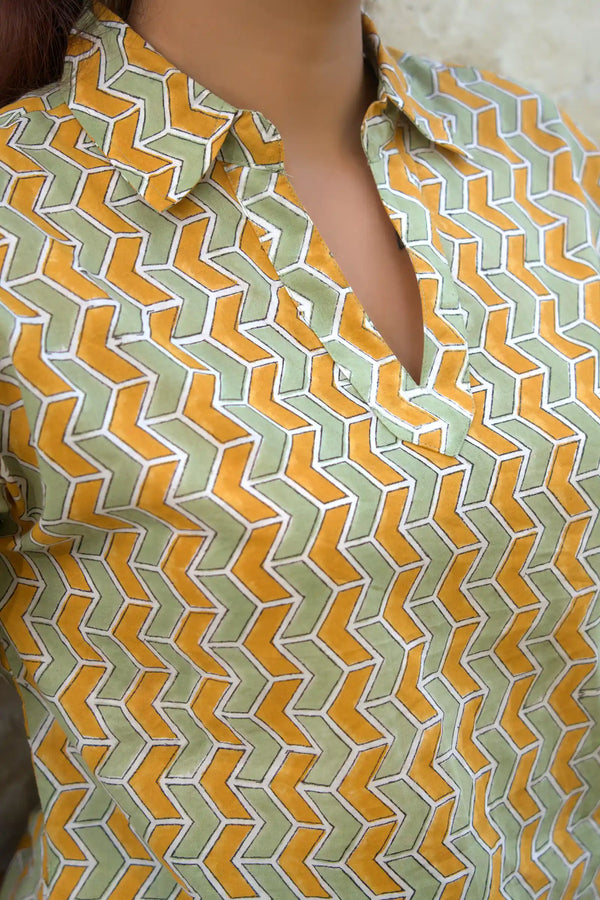 Mahira Hand Block Printed Green Geometric Dress