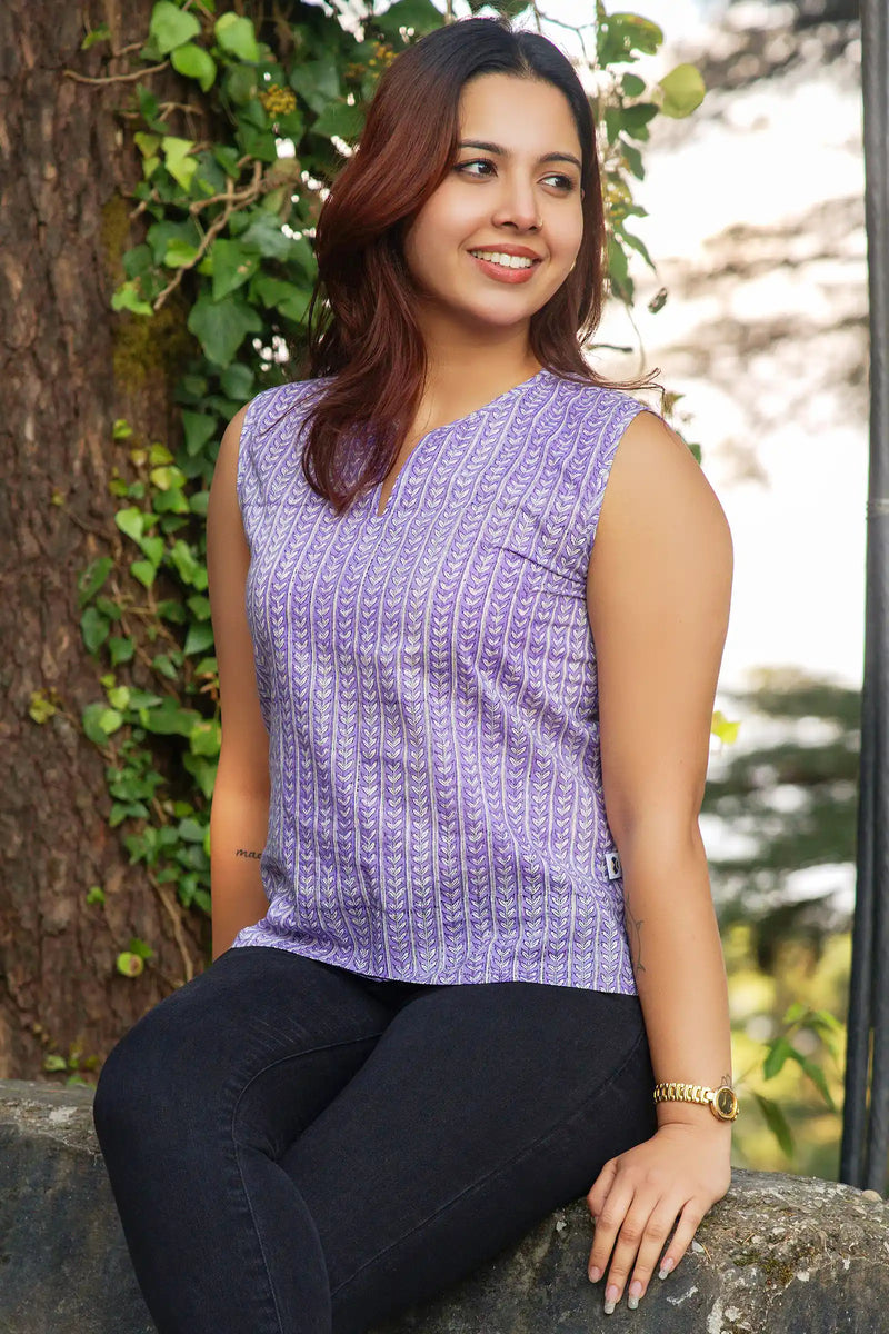 Nova Hand Block Printed Violet Leaf Sleeveless Top front view

