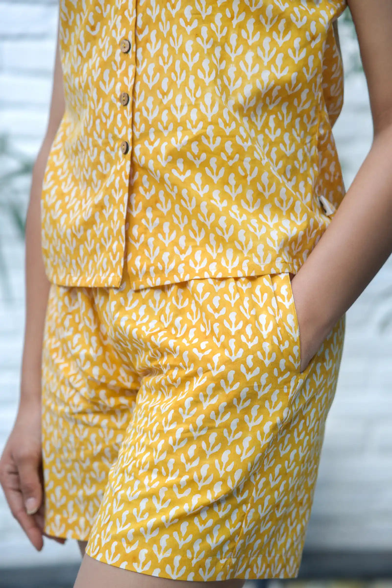 Summer Fashion Ela Hand Block Printed Yellow Co-ord Set