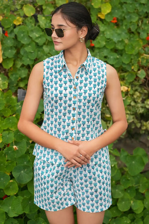 Stylish teal lotus hand block printed co-ord set