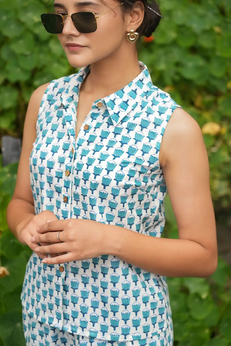 Teal lotus motif hand block print Ela co-ord set