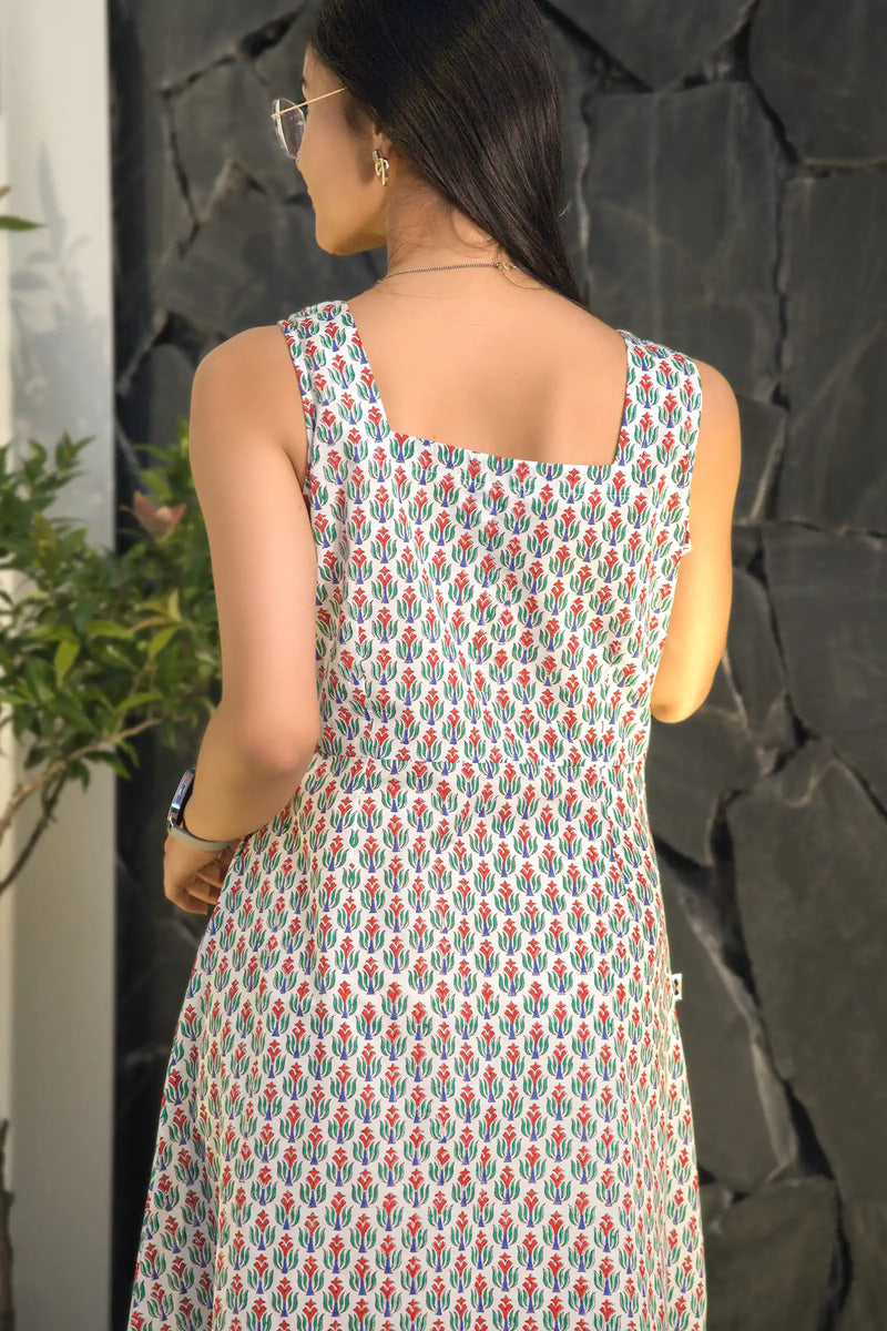 Premium handmade dress with floral block print in red