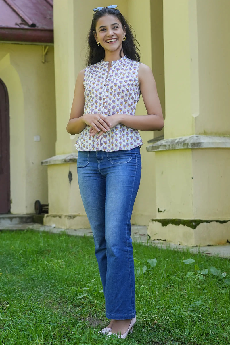 Pihu Hand Block Printed Top with round neckline

