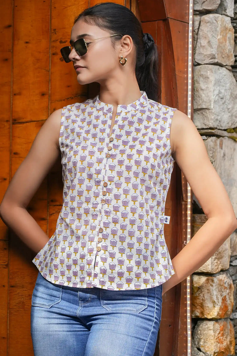 Pihu Hand Block Printed Violet Lotus Top front view

