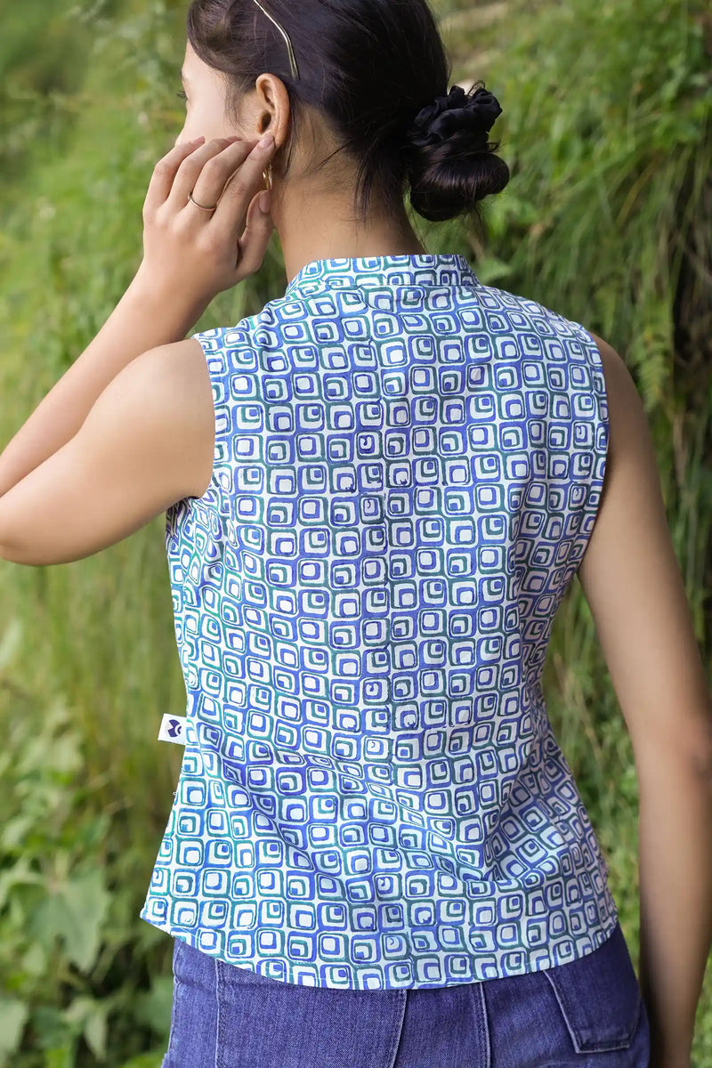 Handcrafted Pihu blue geometric printed shirt for women