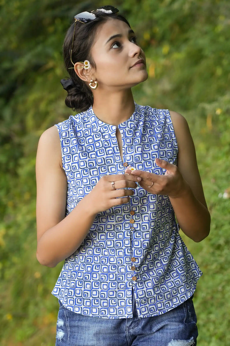 Stylish Pihu hand block printed blue shirt for ladies