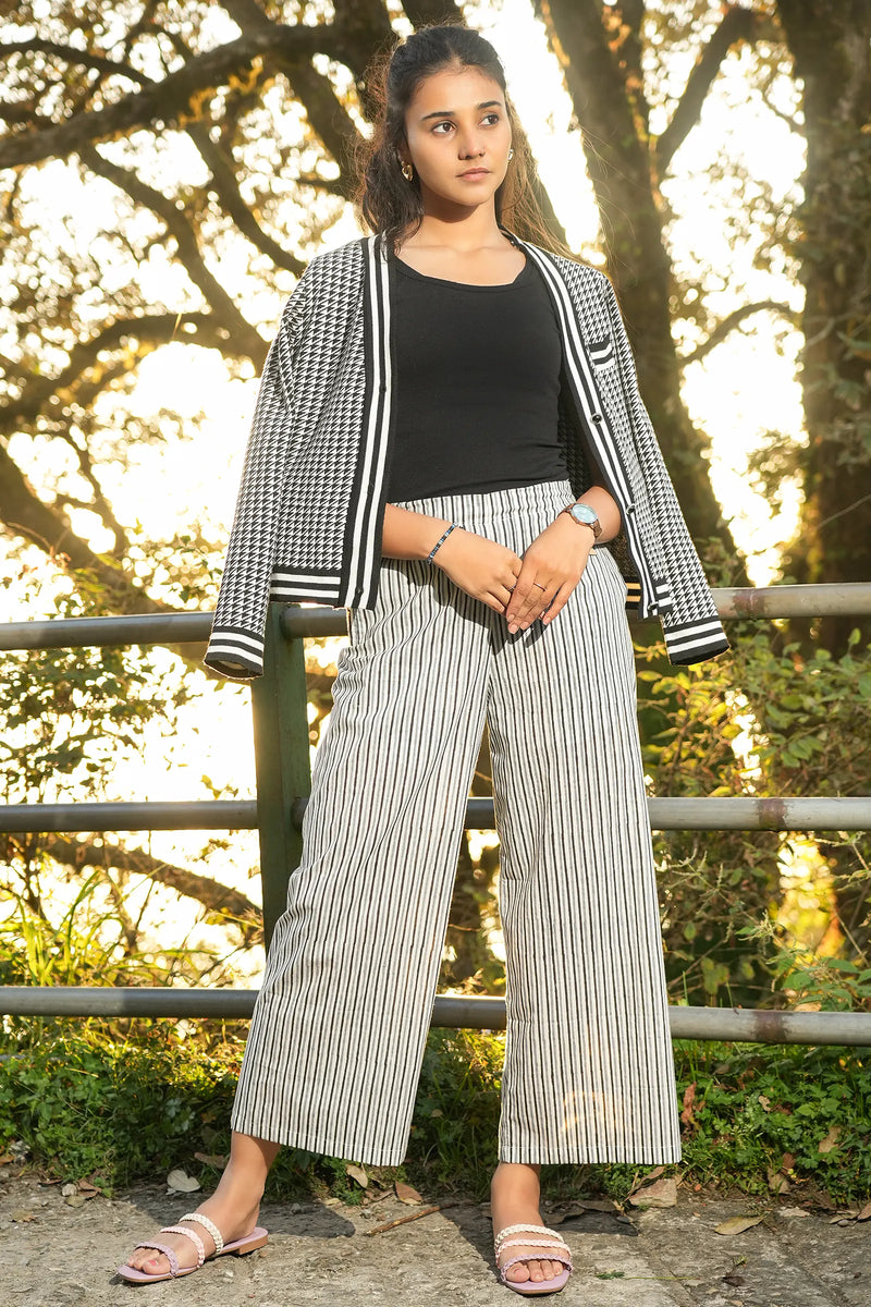 Ethically made hand block printed striped grey culottes