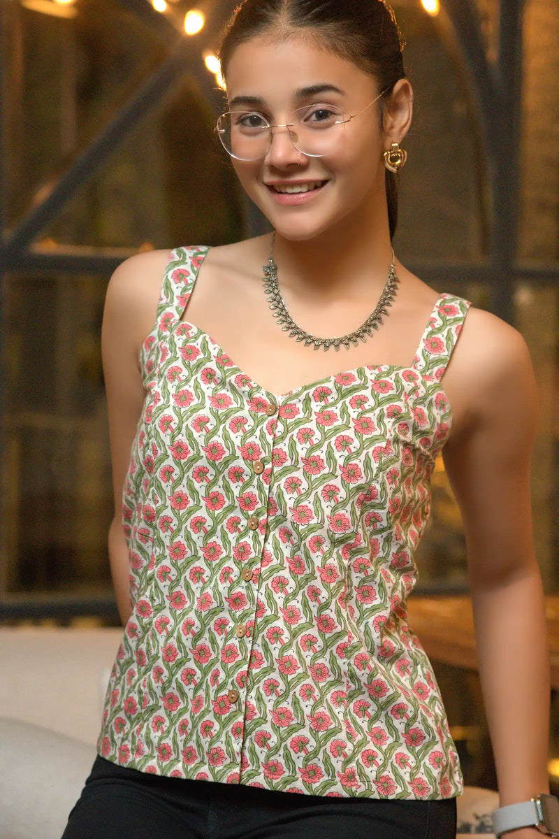 Kayra hand block printed pink periwinkle corset top for women