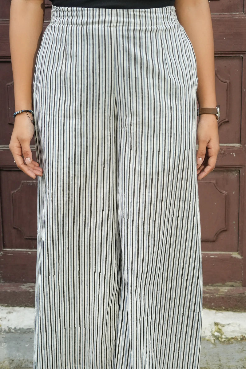 Fariha artisanal hand block printed culottes in grey stripes