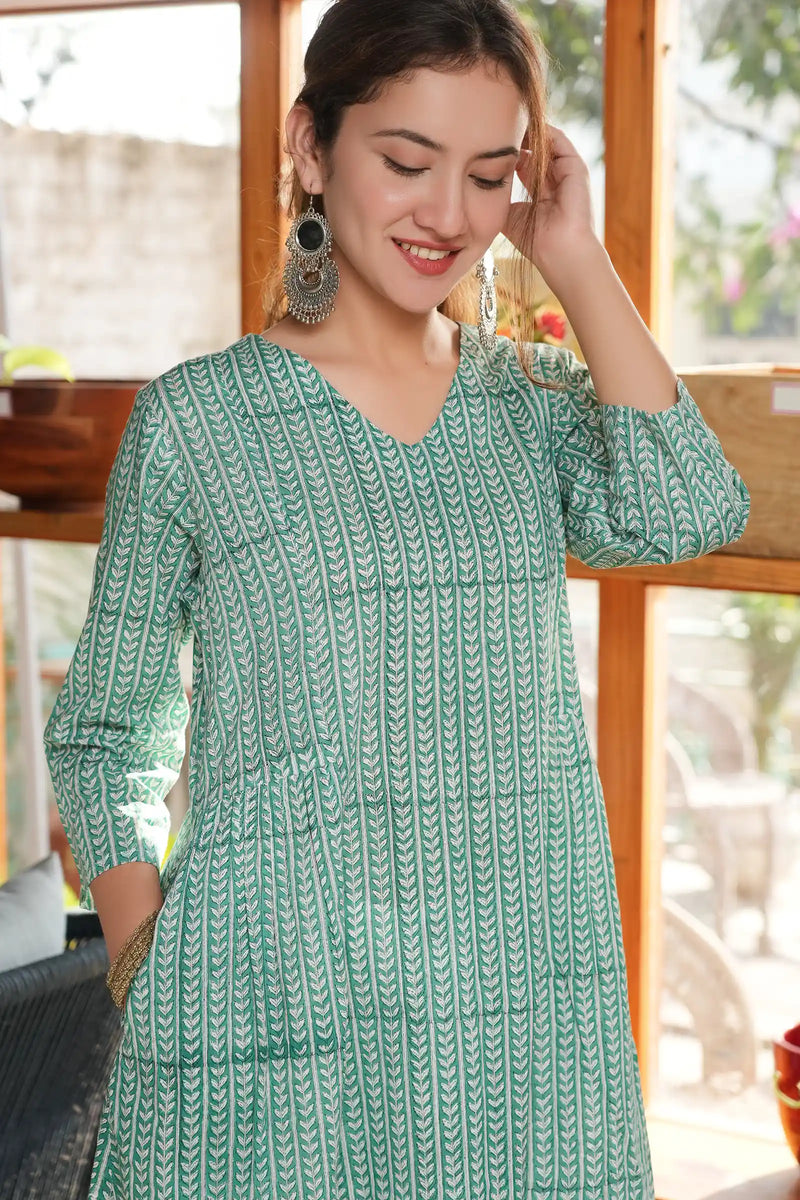 Women’s traditional green leaf block print kali kurta