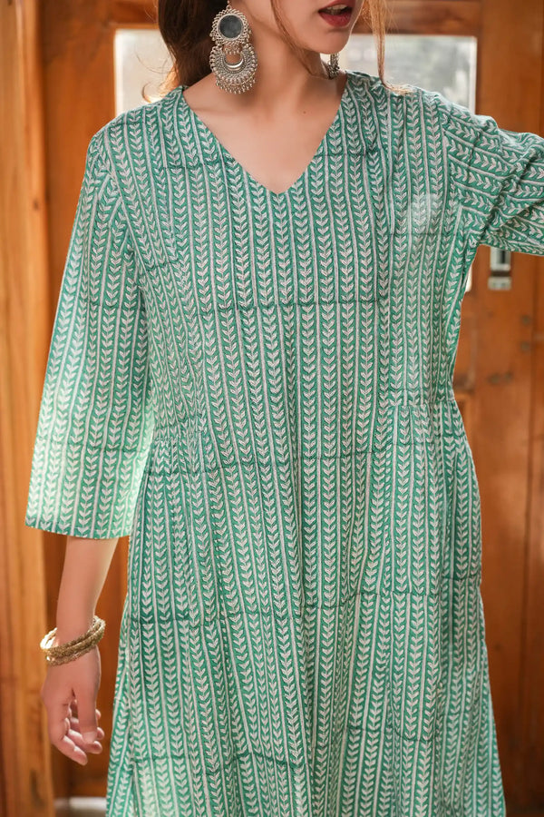 Diya Hand Block Printed Green Leaf Kali Kurta