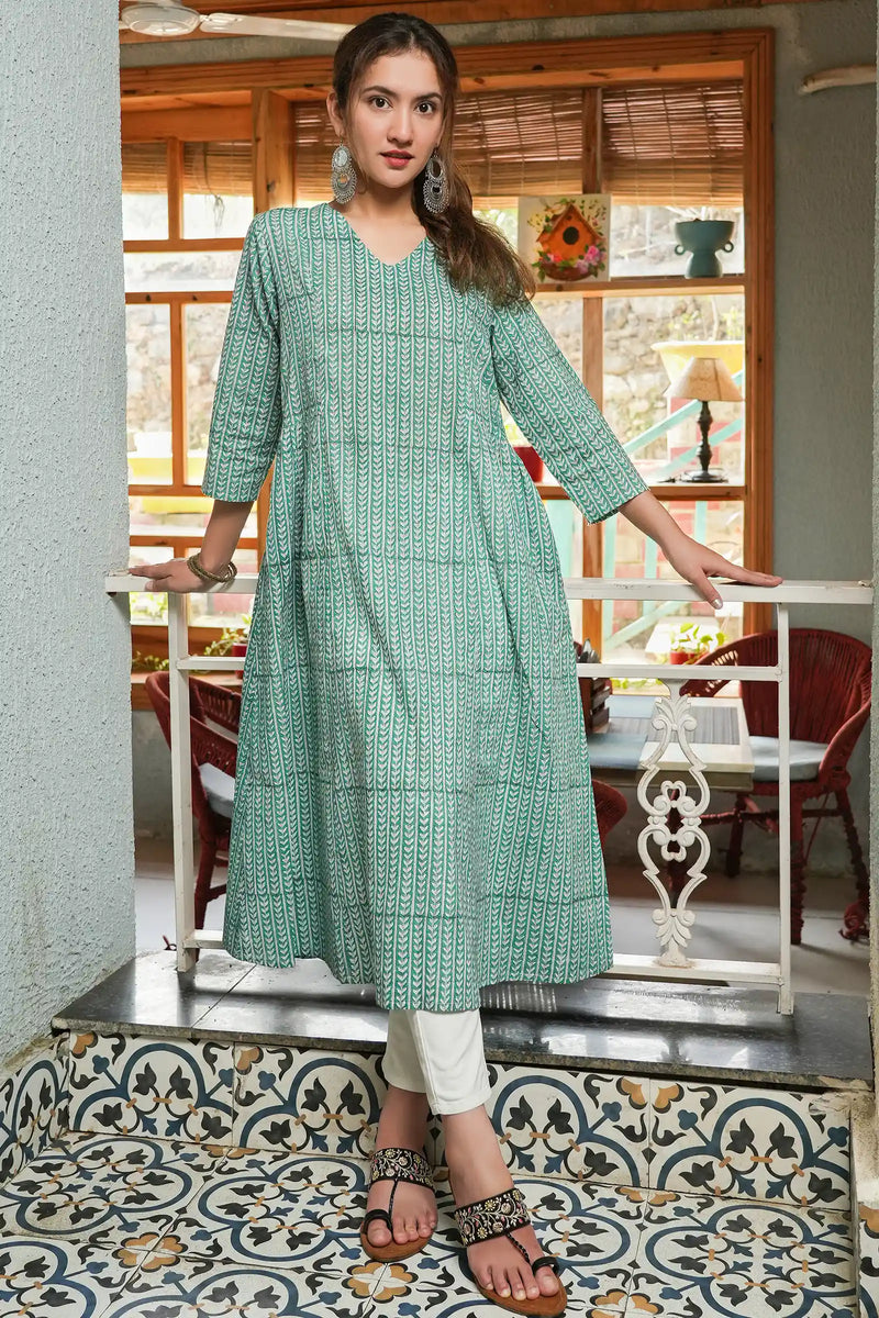 Diya Hand Block Printed Green Leaf Kali Kurta for women