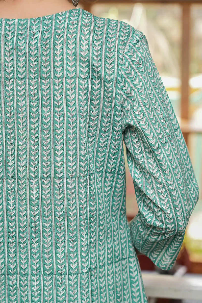 Cotton Diya hand block printed green leaf kurta online