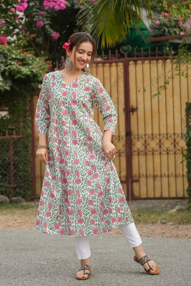 Diya Hand Block Printed Pink Dahlia Kali Kurta for women