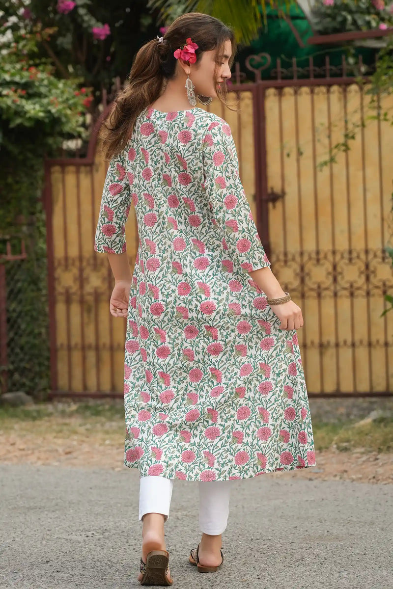 Diya pink hand block printed kurta in floral design
