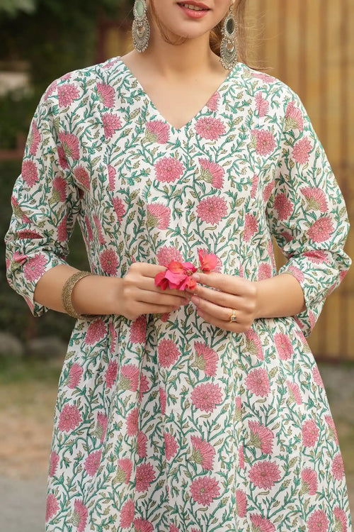 Diya Hand Block Printed Pink Dahlia Kali Kurta