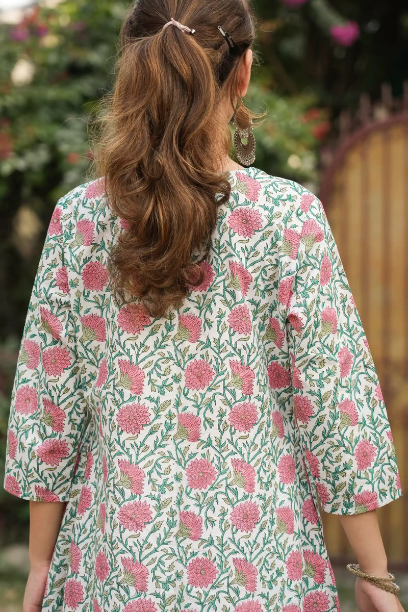 Diya cotton kali kurta with hand block pink dahlia print