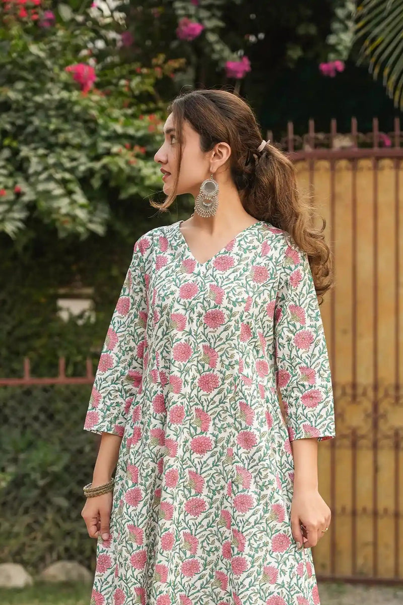 Sustainable cotton pink kali kurta with block prints