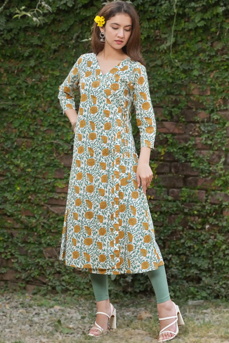 Stylish handcrafted Angrakha kurta in yellow block prints