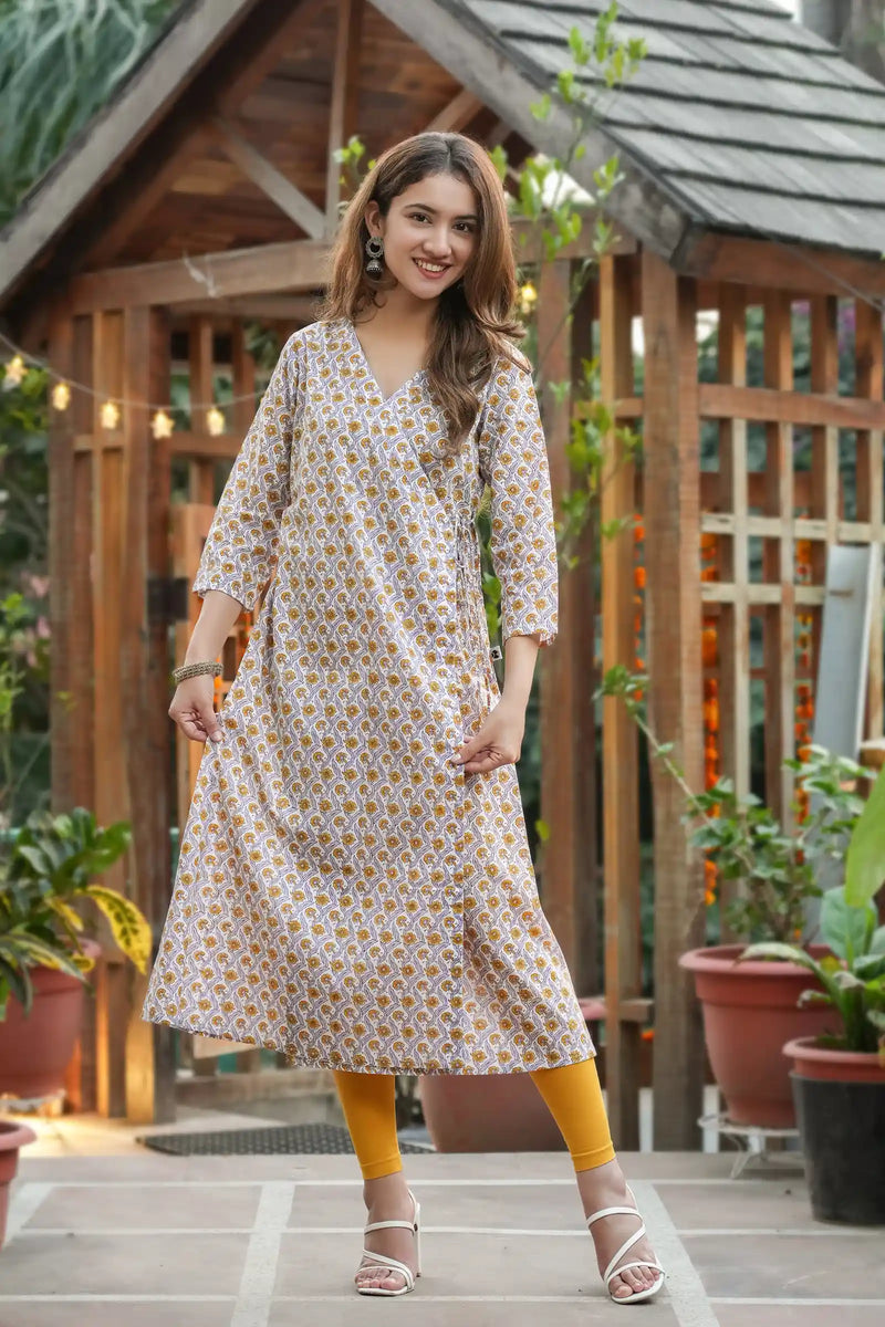 Diya Hand Block Printed Violet Periwinkle Angrakha Kurta for women