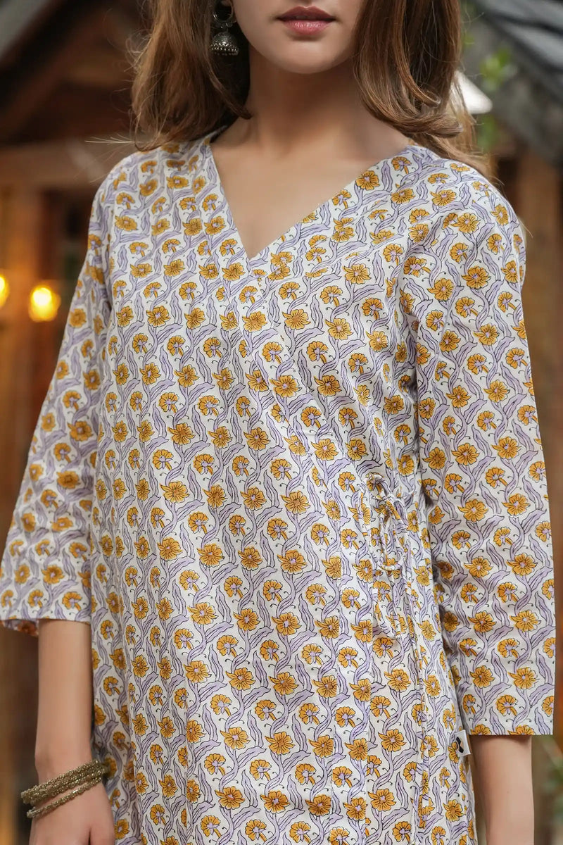 Cotton angrakha kurta with hand block prints in violet periwinkle