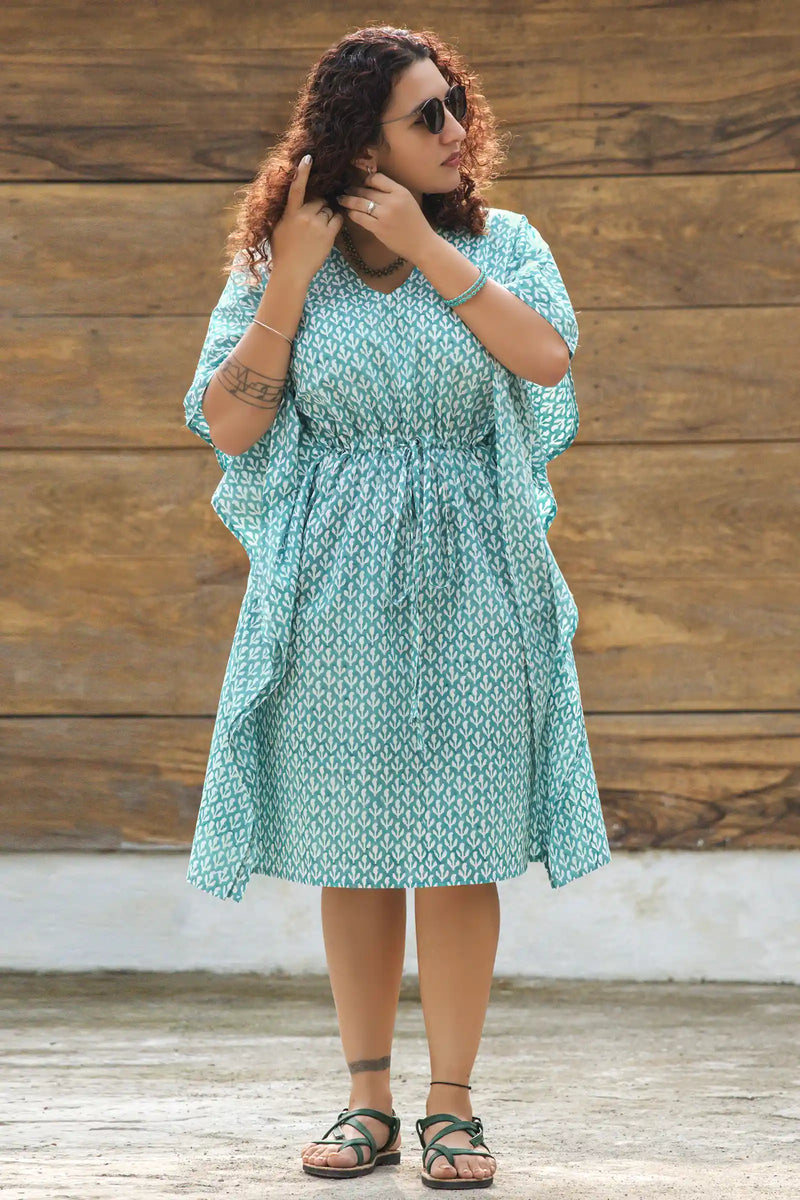 Luna Hand Block Printed Teal Wrap Kaftan
