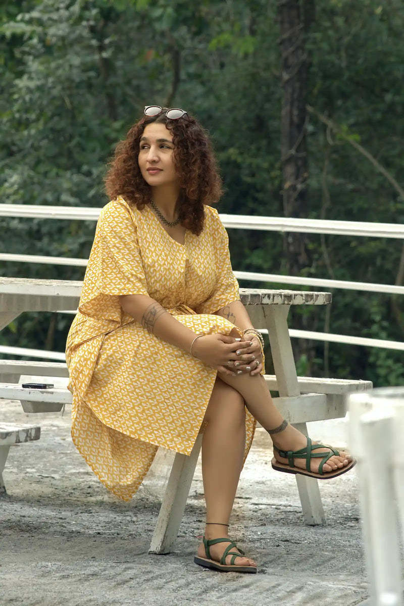 Luna Hand Block Printed Yellow Wrap Kaftan