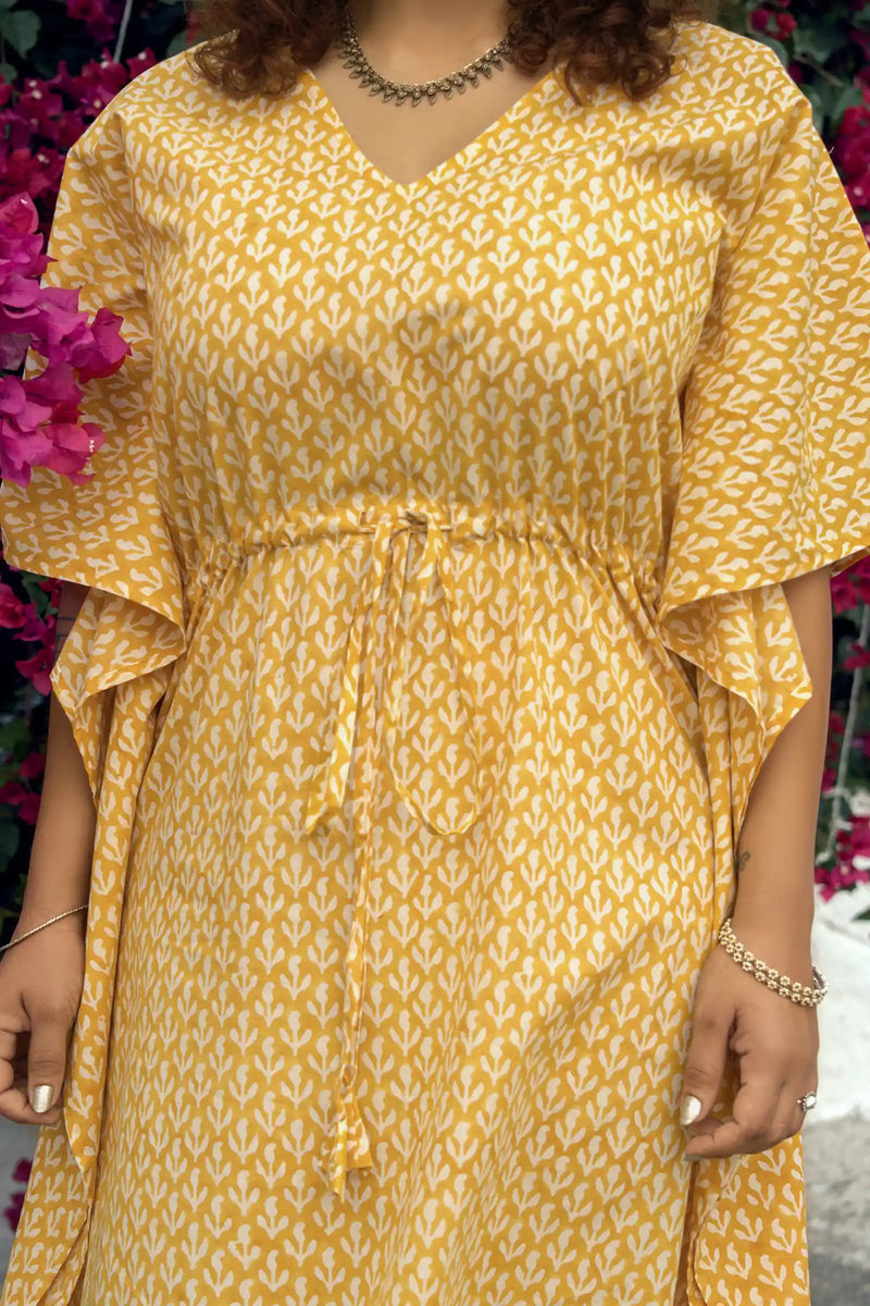 Luna Hand Block Printed Yellow Wrap Kaftan