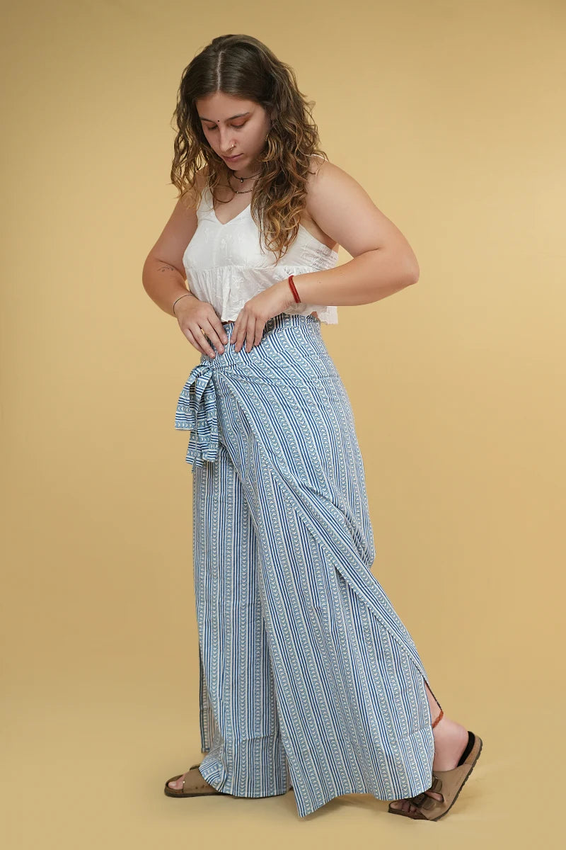 Comfortable Cotton Lyla Blue Wrap Pant with Tie Waist
