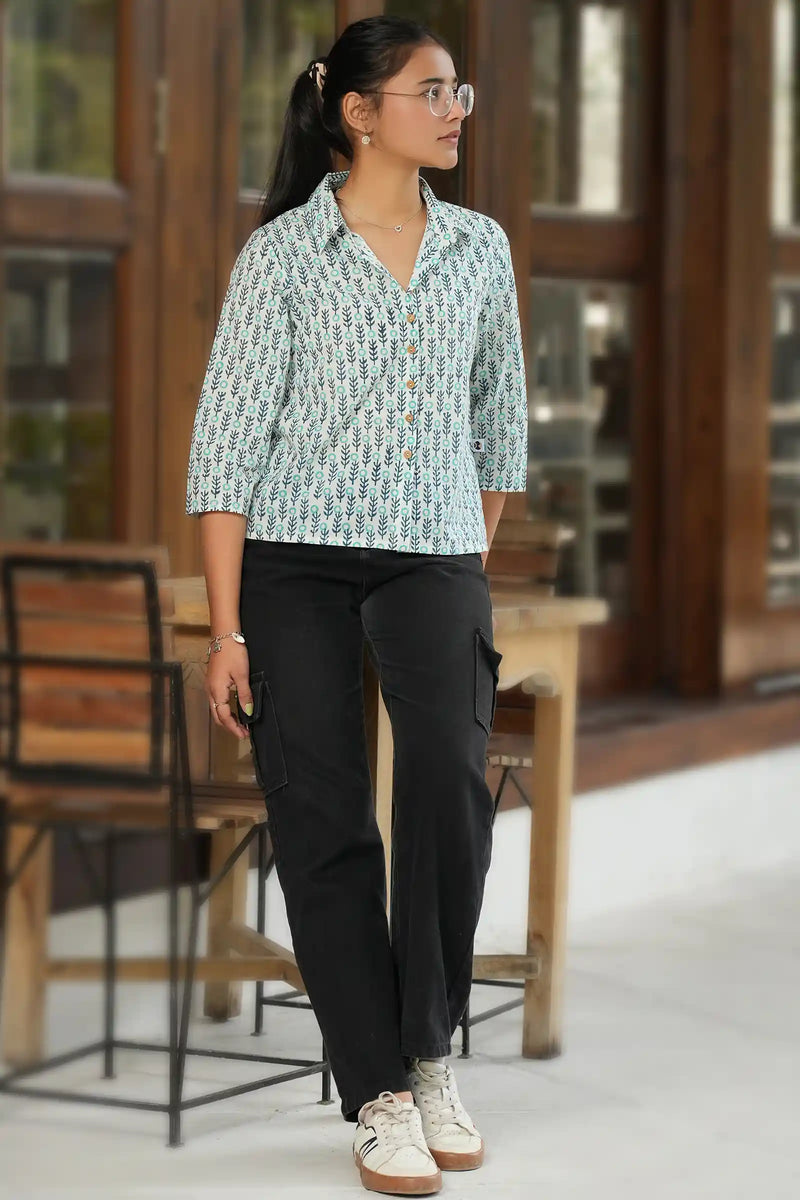 Elegant teal hand block print shirt