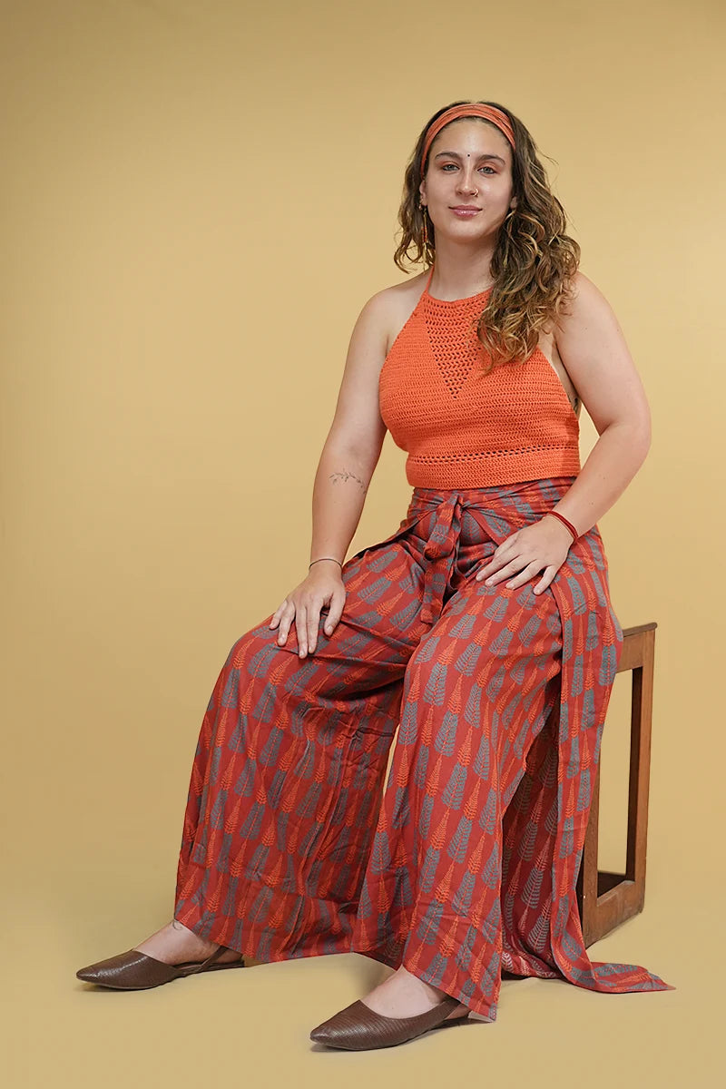 Hand block printed Lyla Rust Red Wrap Pant – ethnic pants for women