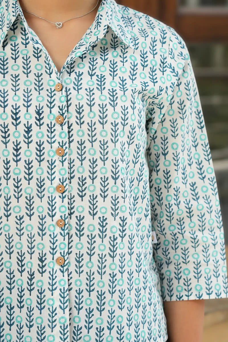 Handcrafted teal shirt – Aditi hand block printing