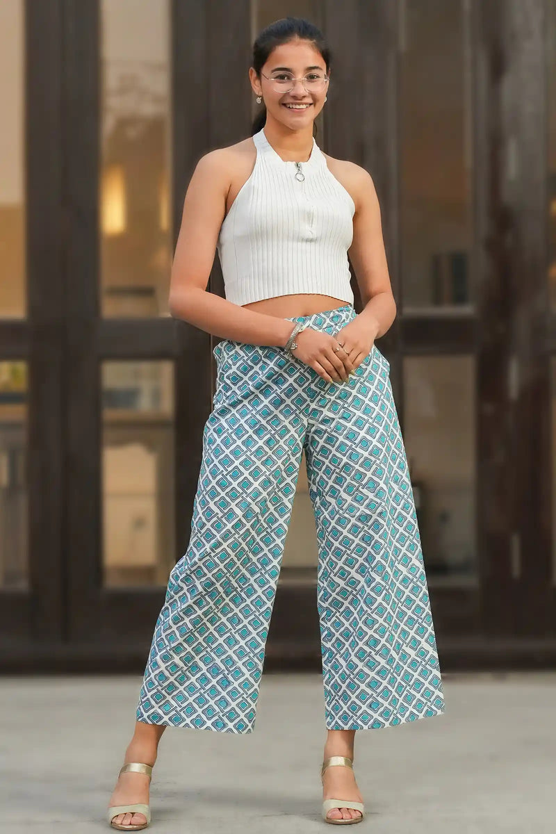 Handcrafted teal culottes with geometric block print