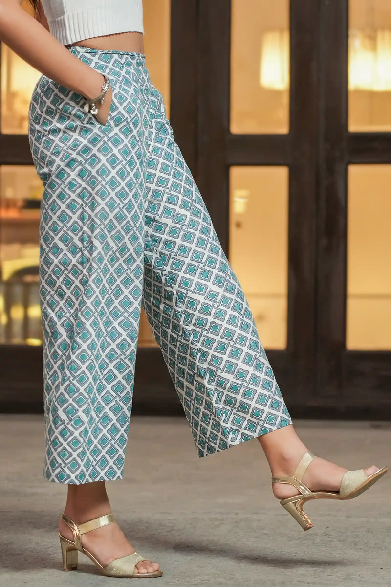 Comfortable cotton teal geometric culottes handmade