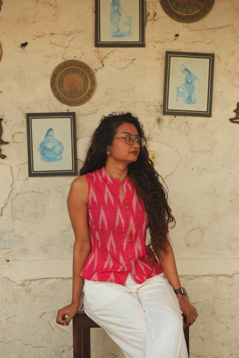 Pihu Red Ikkat Top handmade cotton shirt for women