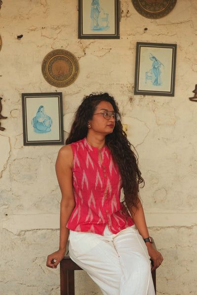 Pihu Red Ikkat Top handmade cotton shirt for women