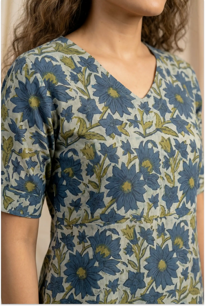 Indigo Meadow Hand Block Printed Half Sleeve Midi Dress