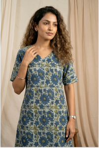 Indigo Meadow Hand Block Printed Half Sleeve Midi Dress