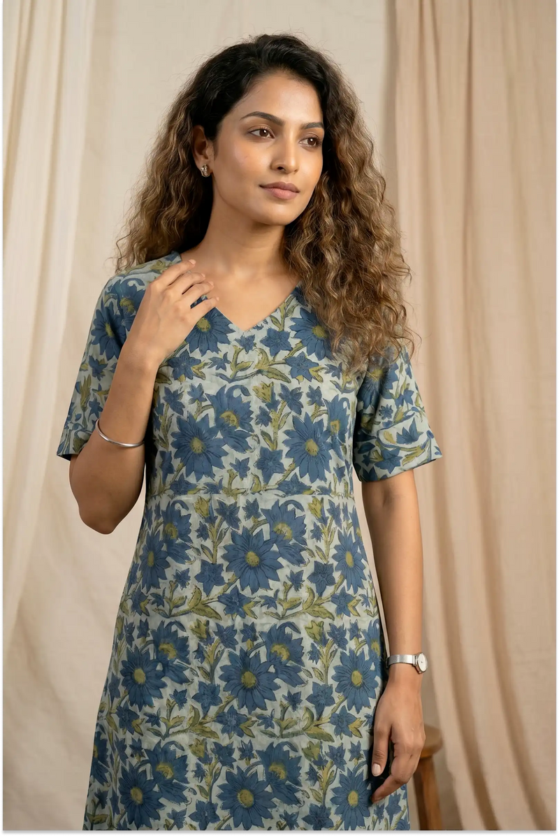 Indigo Meadow Hand Block Printed Half Sleeve Midi Dress