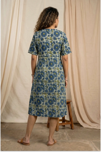 Indigo Meadow Hand Block Printed Half Sleeve Midi Dress