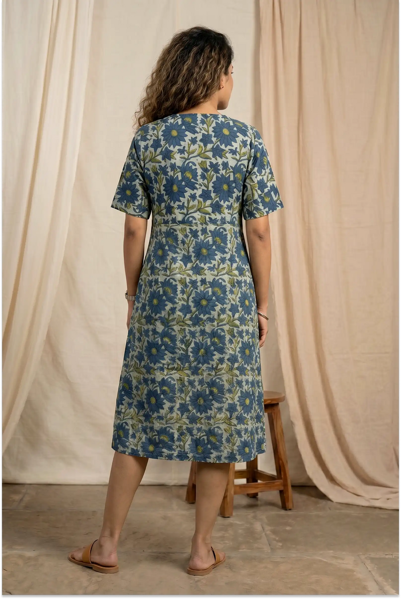 Indigo Meadow Hand Block Printed Half Sleeve Midi Dress