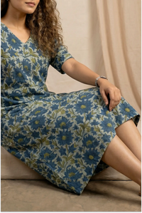 Indigo Meadow Hand Block Printed Half Sleeve Midi Dress