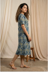 Indigo Meadow Hand Block Printed Half Sleeve Midi Dress