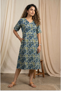 Indigo Meadow Hand Block Printed Half Sleeve Midi Dress