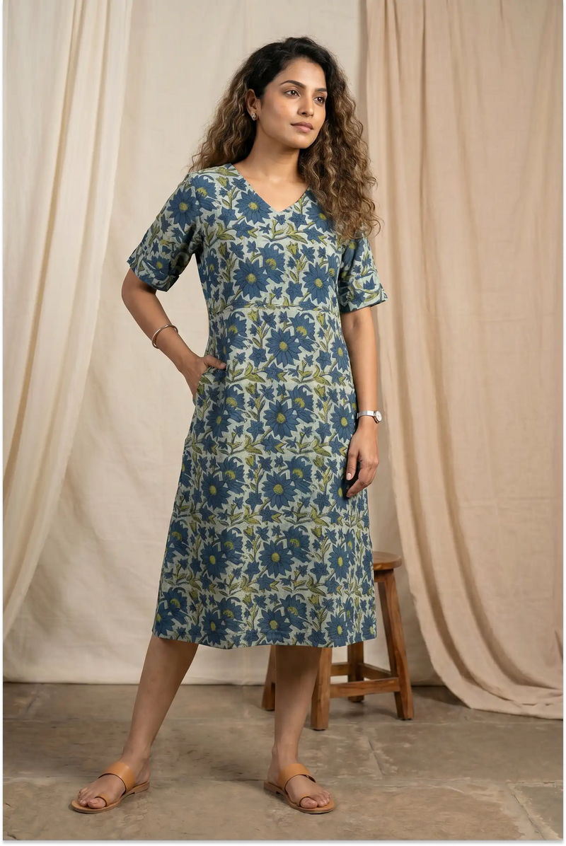Indigo Meadow Hand Block Printed Half Sleeve Midi Dress