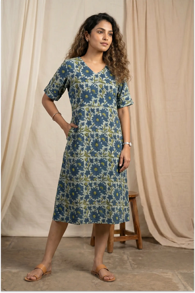 Indigo Meadow Hand Block Printed Half Sleeve Midi Dress