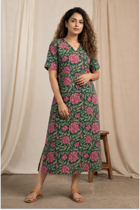 Pink Floral Hand Block-Printed Half Sleeve Midi Dress