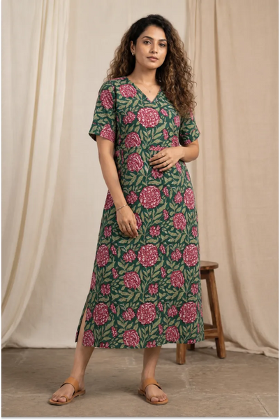 Pink Floral Hand Block-Printed Half Sleeve Midi Dress